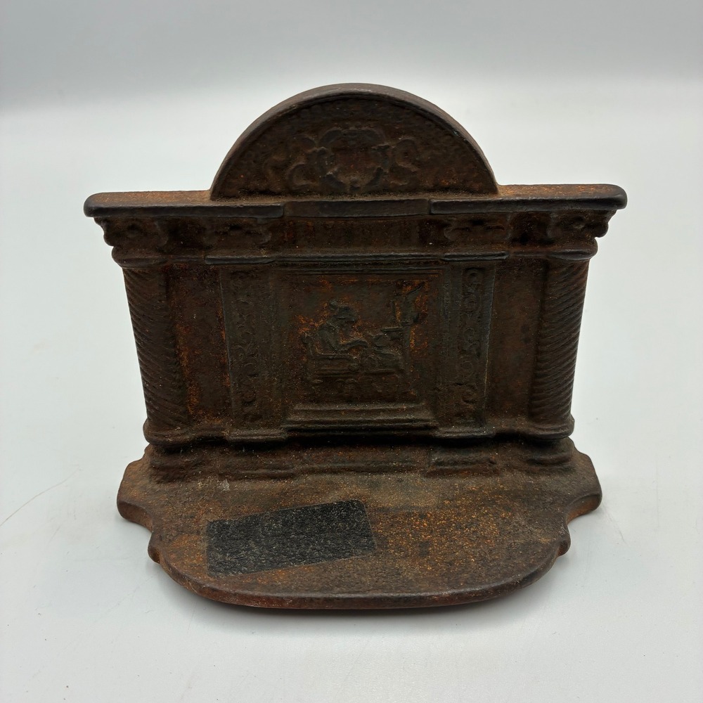 Antique Cast Iron Scholar Scribe Relief Bookend Heavy Rust Patina Architectural